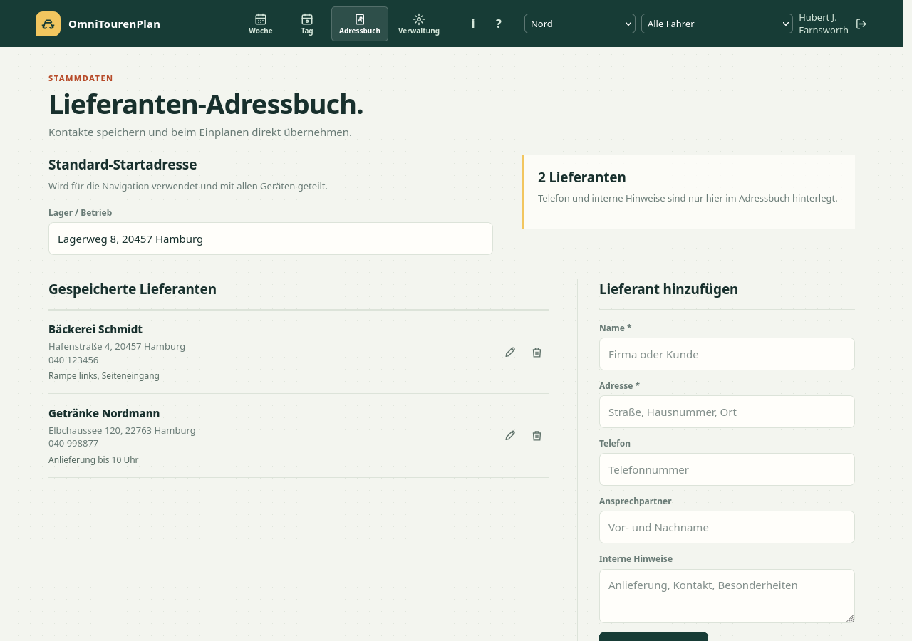 Lieferanten-Adressbuch mit Standard-Startadresse