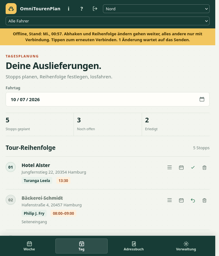 Tagesansicht mit gelber Leiste: Offline, eine Änderung wartet auf das Senden