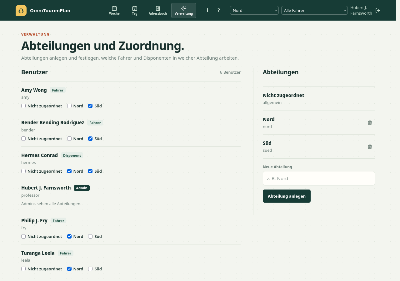 Seite Verwaltung mit Benutzern, Abteilungen und Häkchen zur Zuordnung